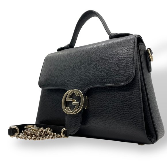GUCCI Handbags - GUCCI Interlocking G 2-Way Handbag/Shoulder Bag in Black Leather with Gold Ha...